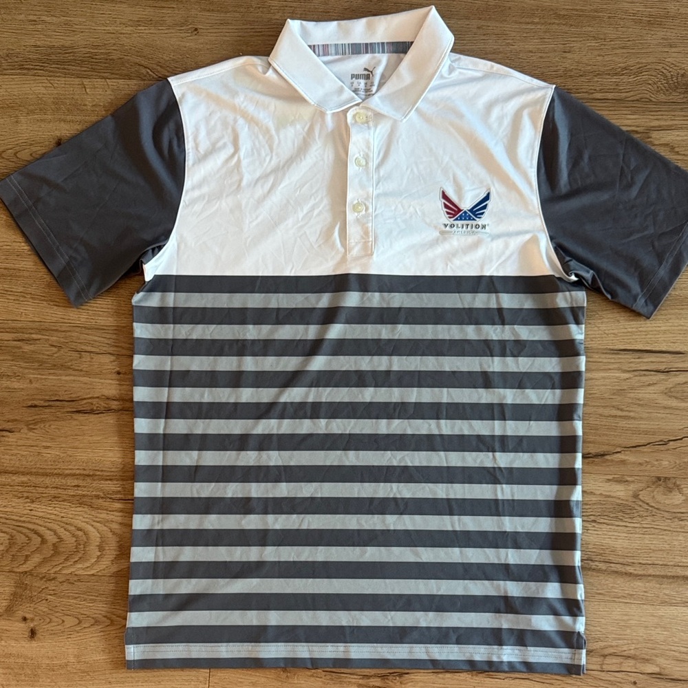 Puma x Volition America White and Gray Striped Polo with Logo